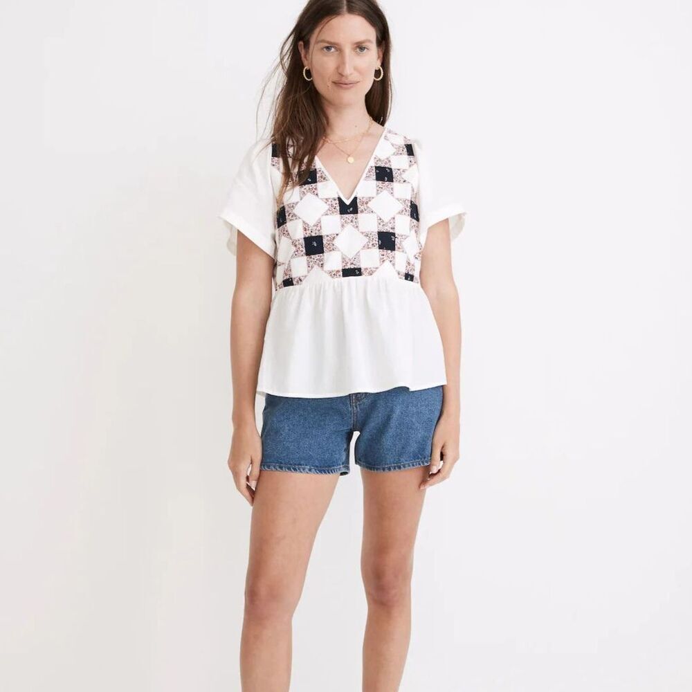 Madewell Blouse Womens Small White Quilted Patchwork Peplum Short Sleeve Top